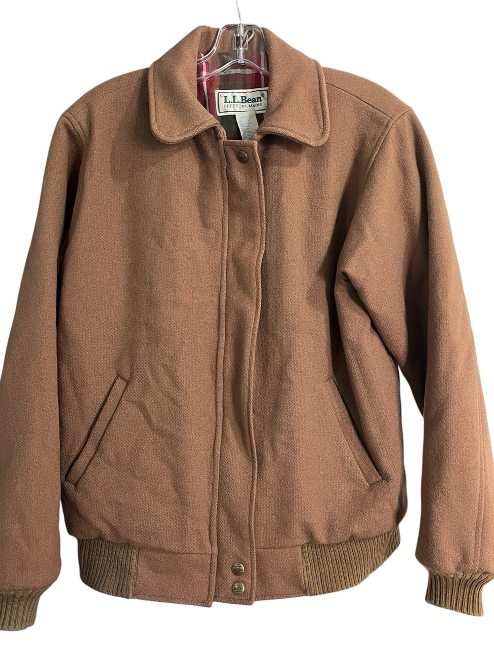 Vintage 80s L.L.Bean Wool Bomber Jacket M Tan Red Plaid Lined Americana